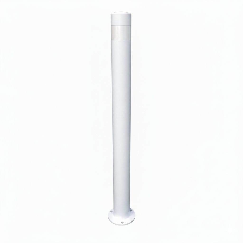 White 900mm steel surface mount bollard with silver reflective band – Bollards Galore
